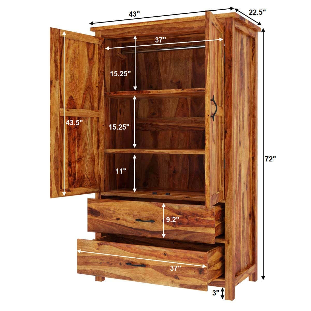 Rustic Solid Sheesham Wood 2 Door 2 Drawer Wardrobe In Light Honey Finish