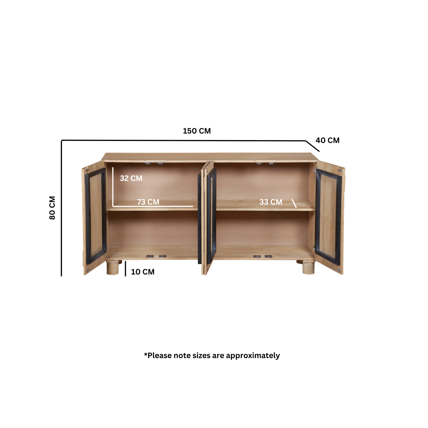 Amaze Contemporary Solid Mango Wood Sideboard with 4 Door in White Wash Finish