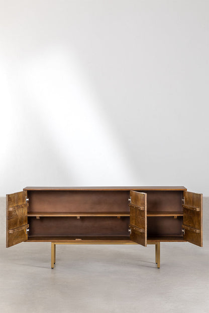 Elysian Fluted Mango Wood Sideboard | 3 Door in Natural Finish with Brushed Gold Legs