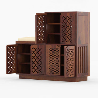 Evelyn Shoe Rack Of 25 Pairs With Cushion Seat & Carved Doors In Provincial Teak Color
