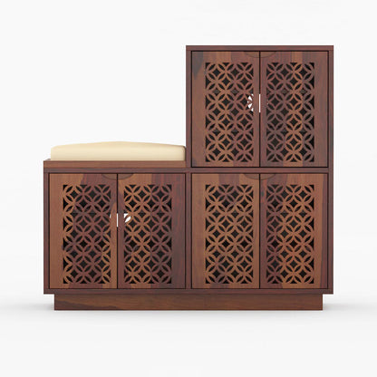 Evelyn Shoe Rack Of 25 Pairs With Cushion Seat & Carved Doors In Provincial Teak Color