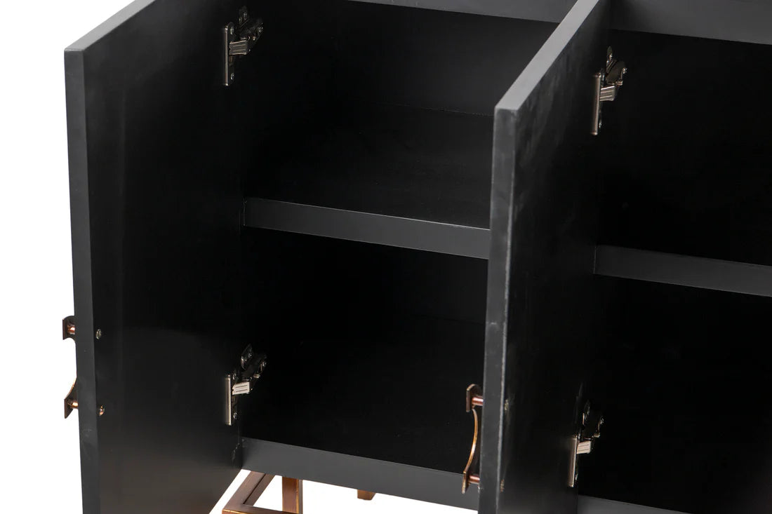 Modern Black Oak Sideboard / With 4 Door in Dark Finish with Metal Base