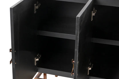 Modern Black Oak Sideboard / With 4 Door in Dark Finish with Metal Base