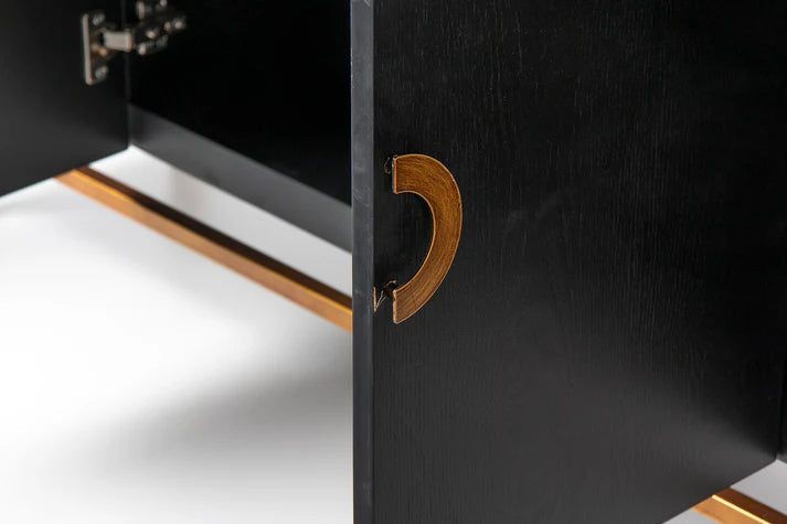 Modern Black Oak Sideboard / With 4 Door in Dark Finish with Metal Base