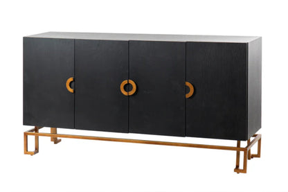 Modern Black Oak Sideboard / With 4 Door in Dark Finish with Metal Base