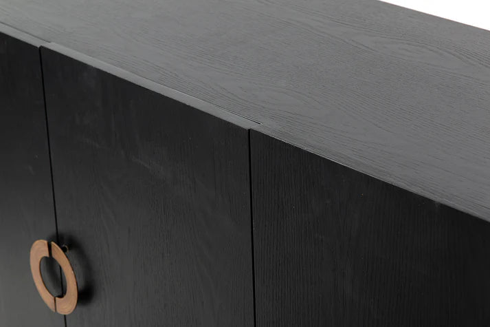 Modern Black Oak Sideboard / With 4 Door in Dark Finish with Metal Base