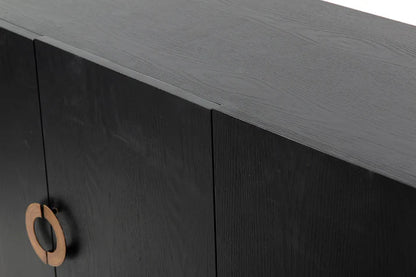 Modern Black Oak Sideboard / With 4 Door in Dark Finish with Metal Base