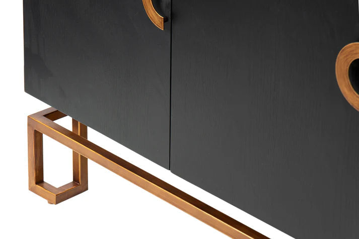 Modern Black Oak Sideboard / With 4 Door in Dark Finish with Metal Base
