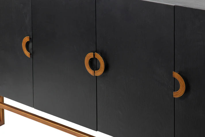 Modern Black Oak Sideboard / With 4 Door in Dark Finish with Metal Base