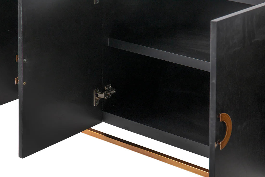 Modern Black Oak Sideboard / With 4 Door in Dark Finish with Metal Base