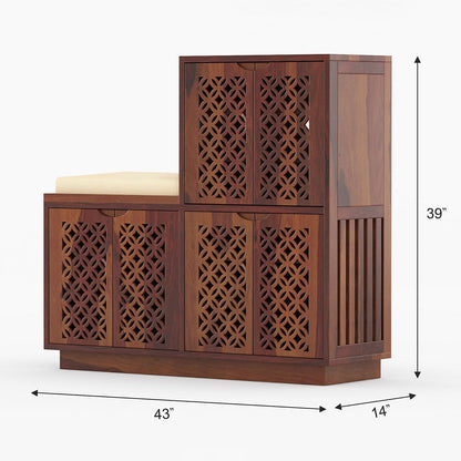 Evelyn Shoe Rack Of 25 Pairs With Cushion Seat & Carved Doors In Provincial Teak Color