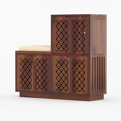 Evelyn Shoe Rack Of 25 Pairs With Cushion Seat & Carved Doors In Provincial Teak Color