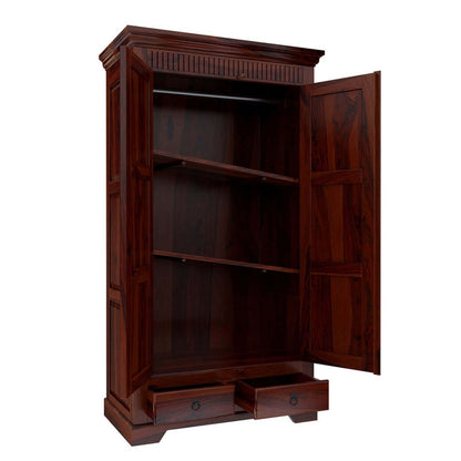 Traditional Solid Wood Wardrobe with Carved Cornice and Storage Drawers | Sheesham/Dark Mahogany Finish Almirah