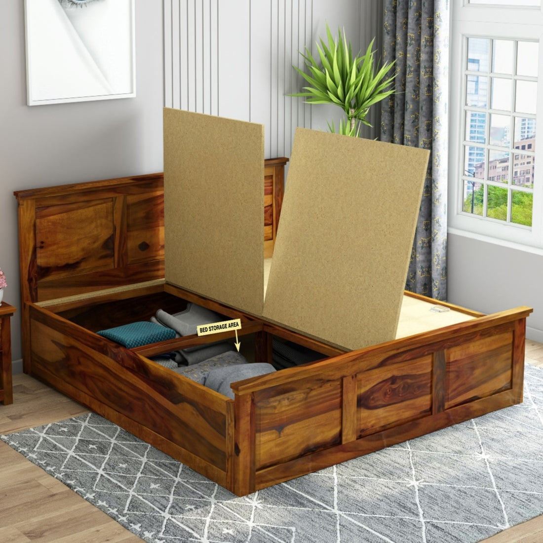 Stainfield Solid Wood Queen Size Box Storage Bed In Honey Oak Finish