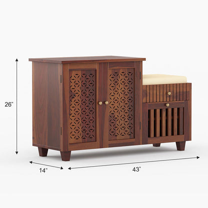 Asher Solid Wood Shoe Rack Of 20 Pairs in Provincial Teak with Cushioned Seat & Drawer