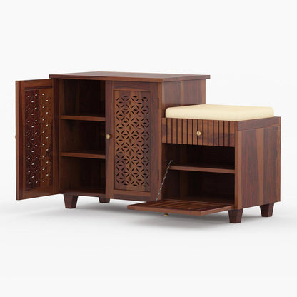 Asher Solid Wood Shoe Rack Of 20 Pairs in Provincial Teak with Cushioned Seat & Drawer