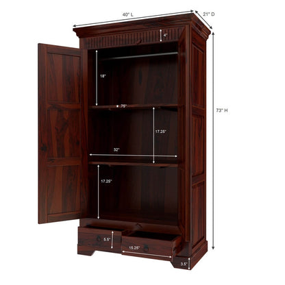 Traditional Solid Wood Wardrobe with Carved Cornice and Storage Drawers | Sheesham/Dark Mahogany Finish Almirah