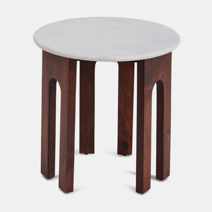 Modern Round Mango Wood Marble Top Side Table