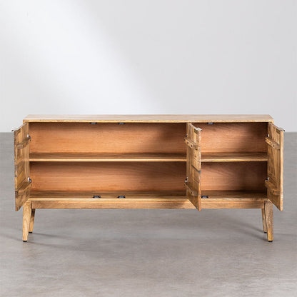 Geometric Ribbed Wood Sideboard | 4-Door Textured Storage Cabinet with Gold Bar Pulls