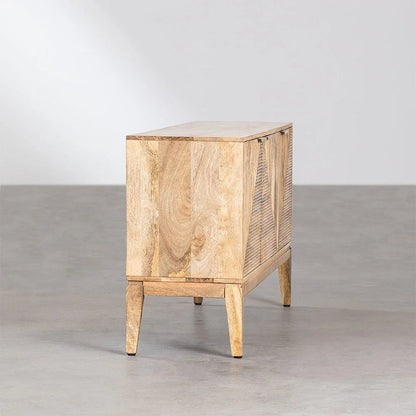 Geometric Ribbed Wood Sideboard | 4-Door Textured Storage Cabinet with Gold Bar Pulls