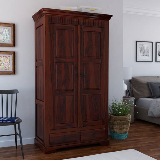 Traditional Solid Wood Wardrobe with Carved Cornice and Storage Drawers | Sheesham/Dark Mahogany Finish Almirah