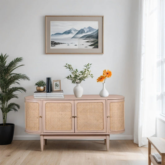 Contemporary Rattan Cane Oval 4-Door Storage Sideboard with Tapered Legs