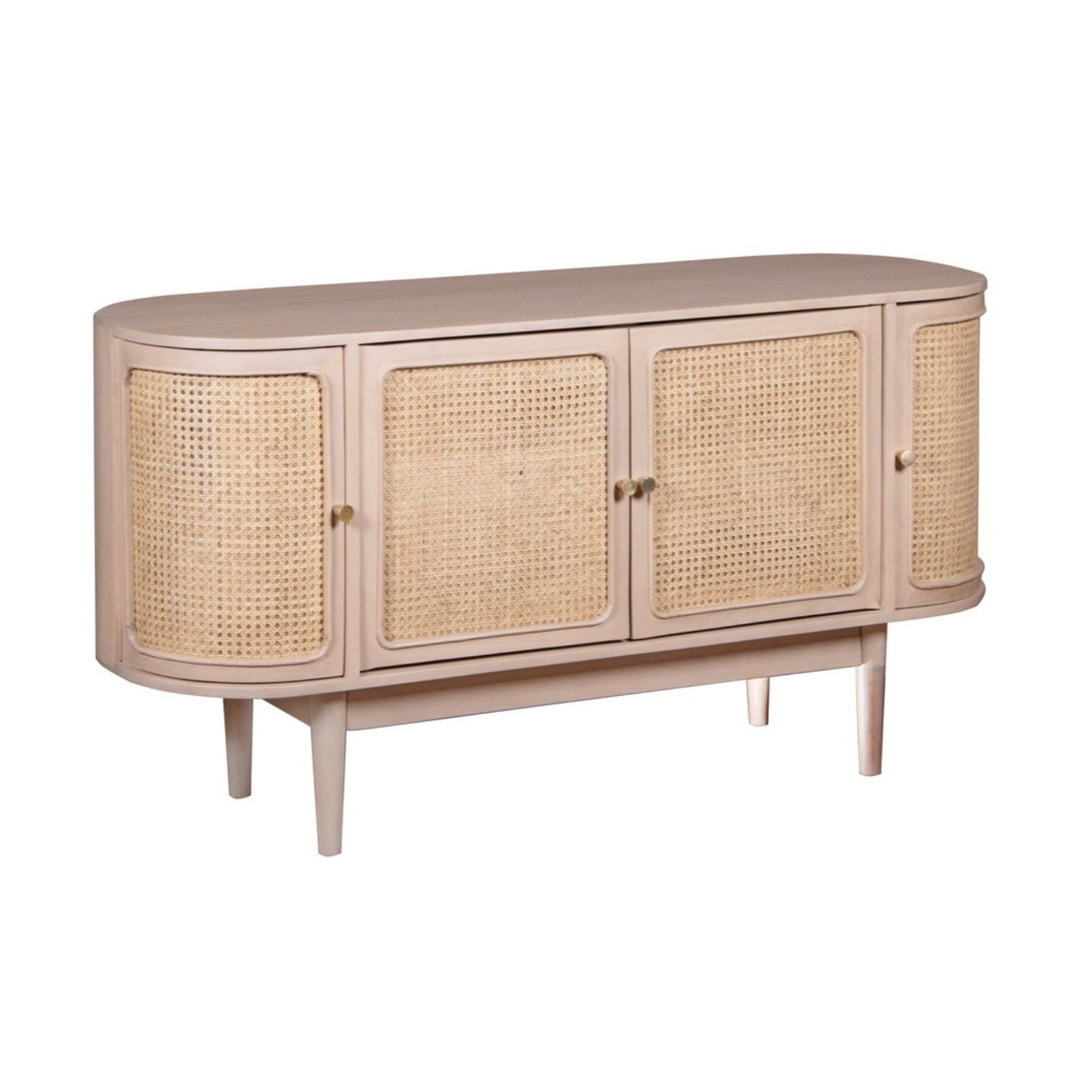 Contemporary Rattan Cane Oval 4-Door Storage Sideboard with Tapered Legs