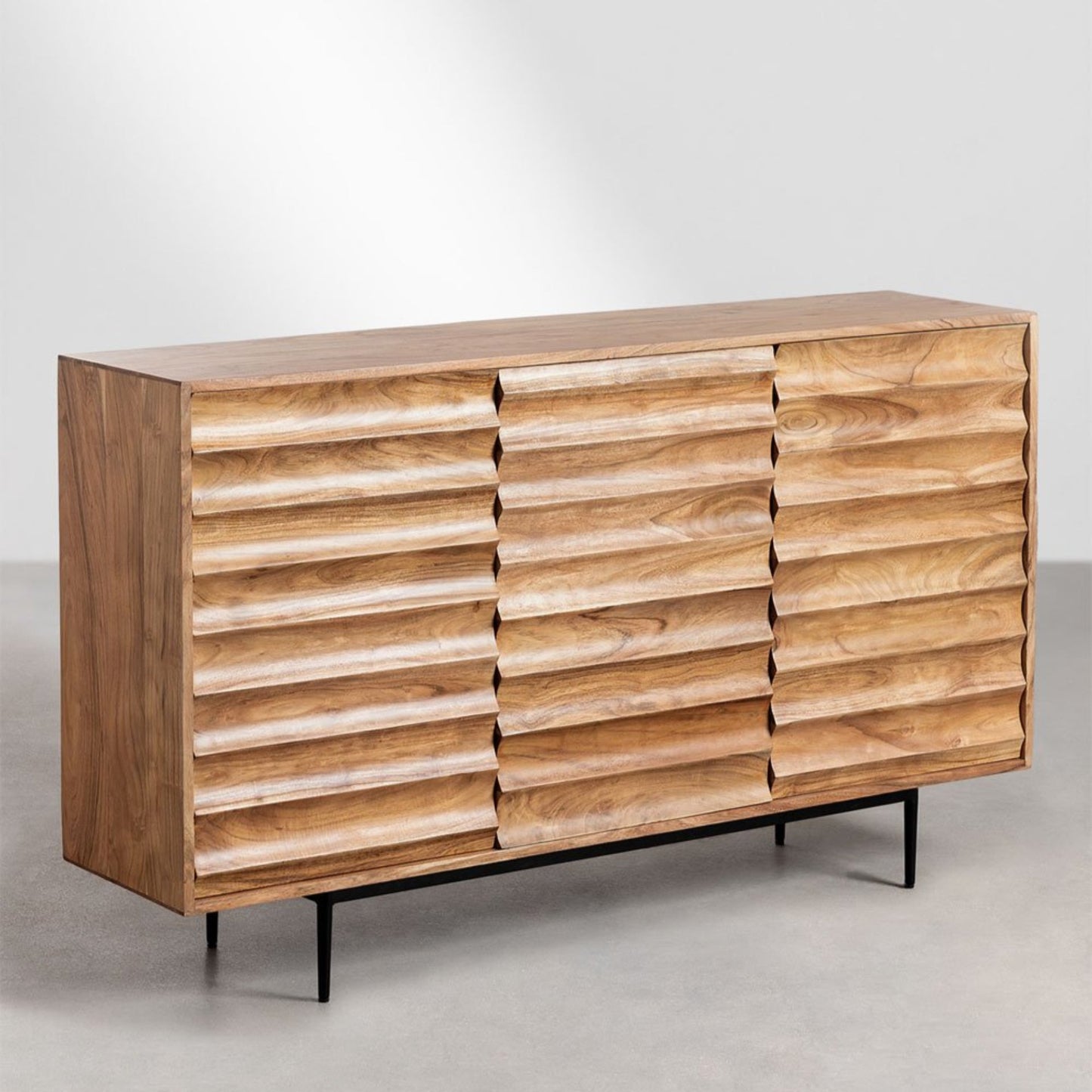 Zig-Zag Texture Solid Acacia wood Sideboard with 3 Door in Natual Finish