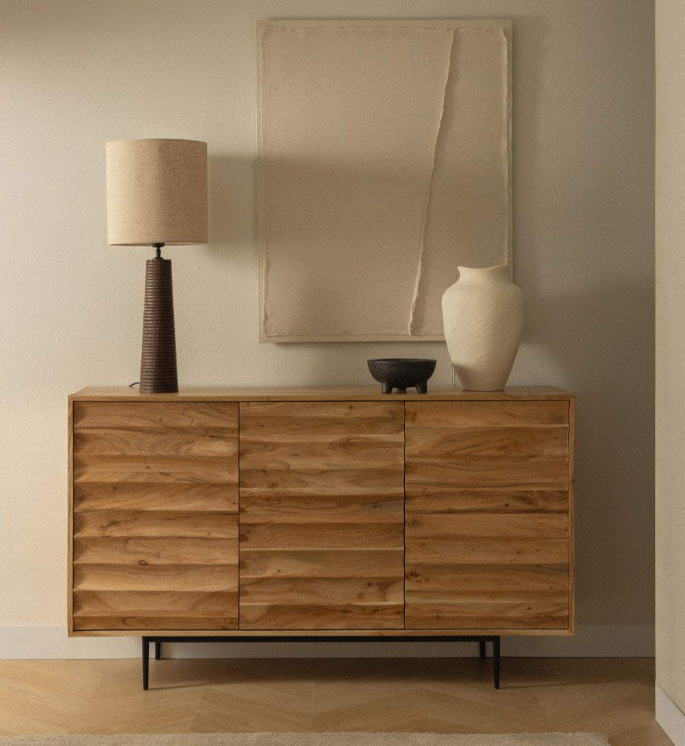 Zig-Zag Texture Solid Acacia wood Sideboard with 3 Door in Natual Finish