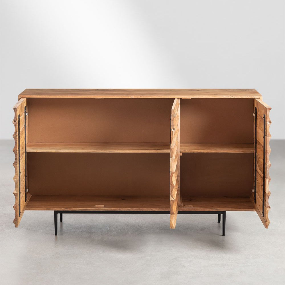 Zig-Zag Texture Solid Acacia wood Sideboard with 3 Door in Natual Finish