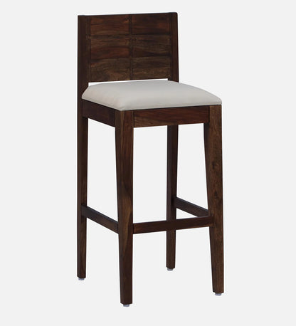 Sheesham Wood High Bar Stool with Backrest, Beige Padded Seat & Provincial Teak Finish