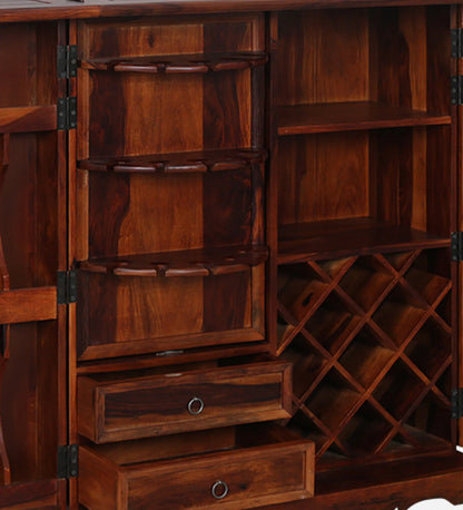 Siramika Sheesham Wood Bar Cabinet In Honey Oak Finish
