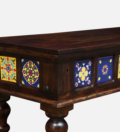 Siramika Solid Sheesham Wood 6-Seater Dining Set with Tiled Bench | Provincial Teak Finish